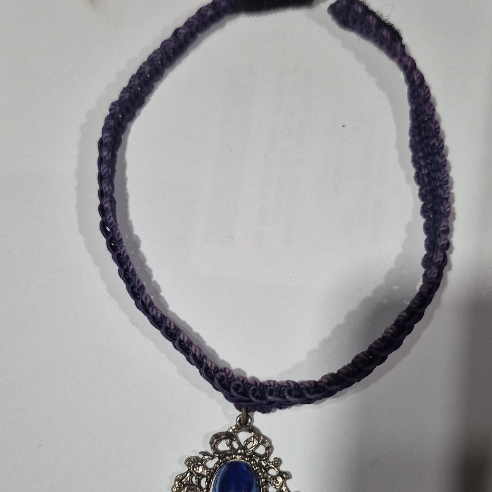 Purple Cord Choker Necklace Silver-Tone Filigree Blue Oval Glass Pendant 16 in