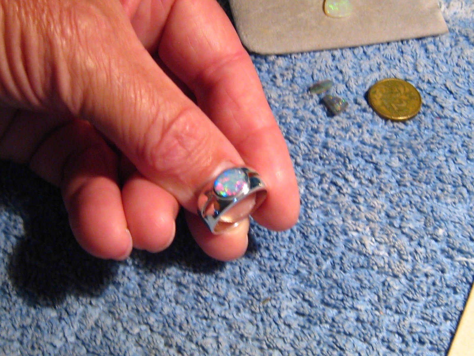 Australian red and blue Opal Ring – sterling silver – size 8 1/2 NO RESIZE