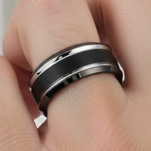 8mm Two-Tone Tungsten Carbide Band Black IP Brushed Center Steel Color Ring