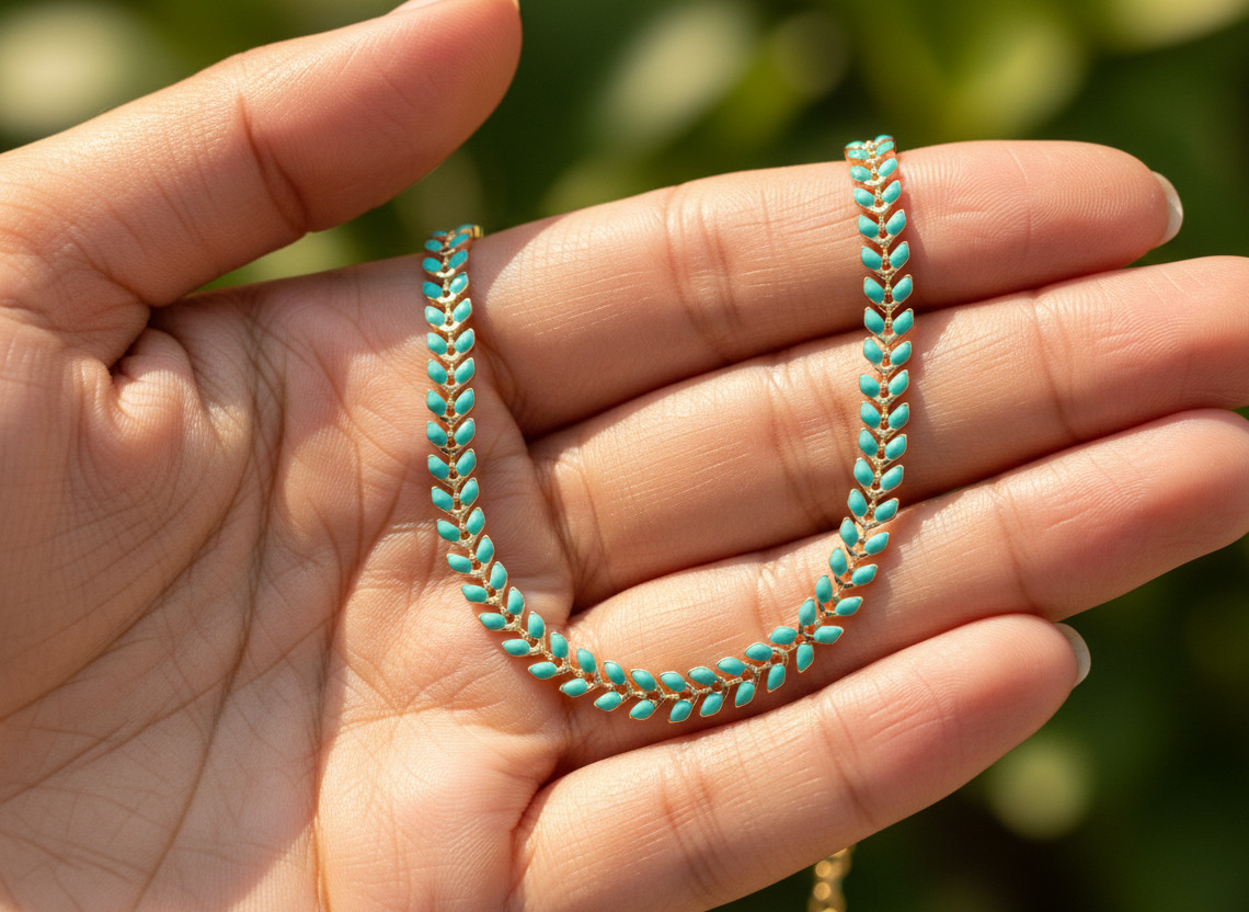 Delicate Leaf Beaded Anklet Gold Plated Turquoise Chain Handmade Boho Jewelry