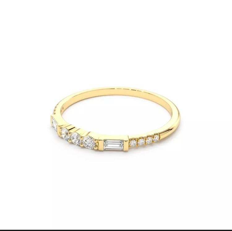 0.27 Ct Natural Round & Baguette Cut Diamond Wedding Band Ring 14K Yellow Gold