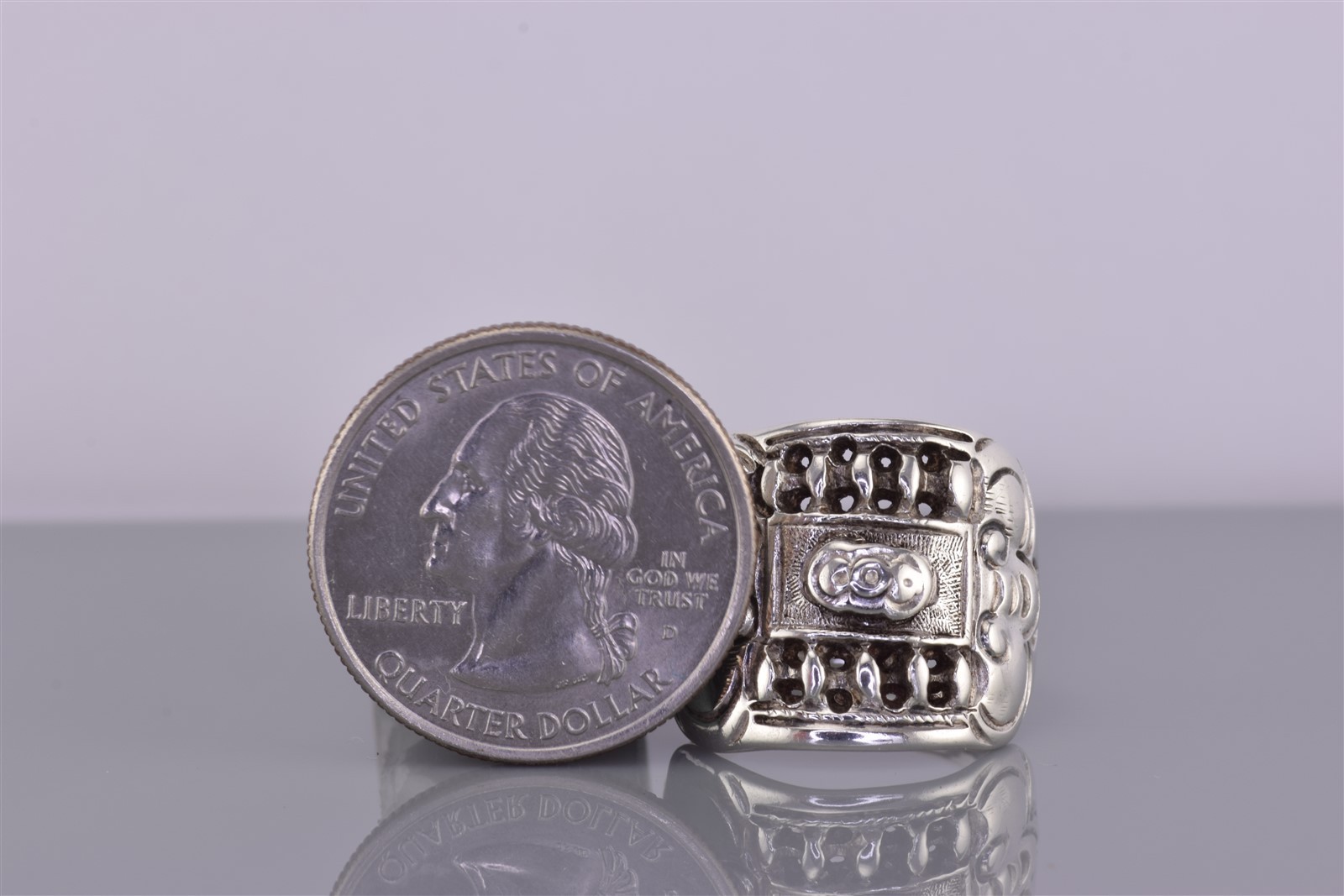 Sterling Silver Ornately Detailed Shield Split Band Ring 925 Adj Sz: 8