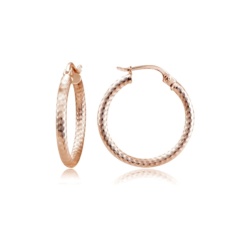 2mm Textured Click-Top Round Rose Gold Plated Sterling Silver 25mm Hoop Earrings