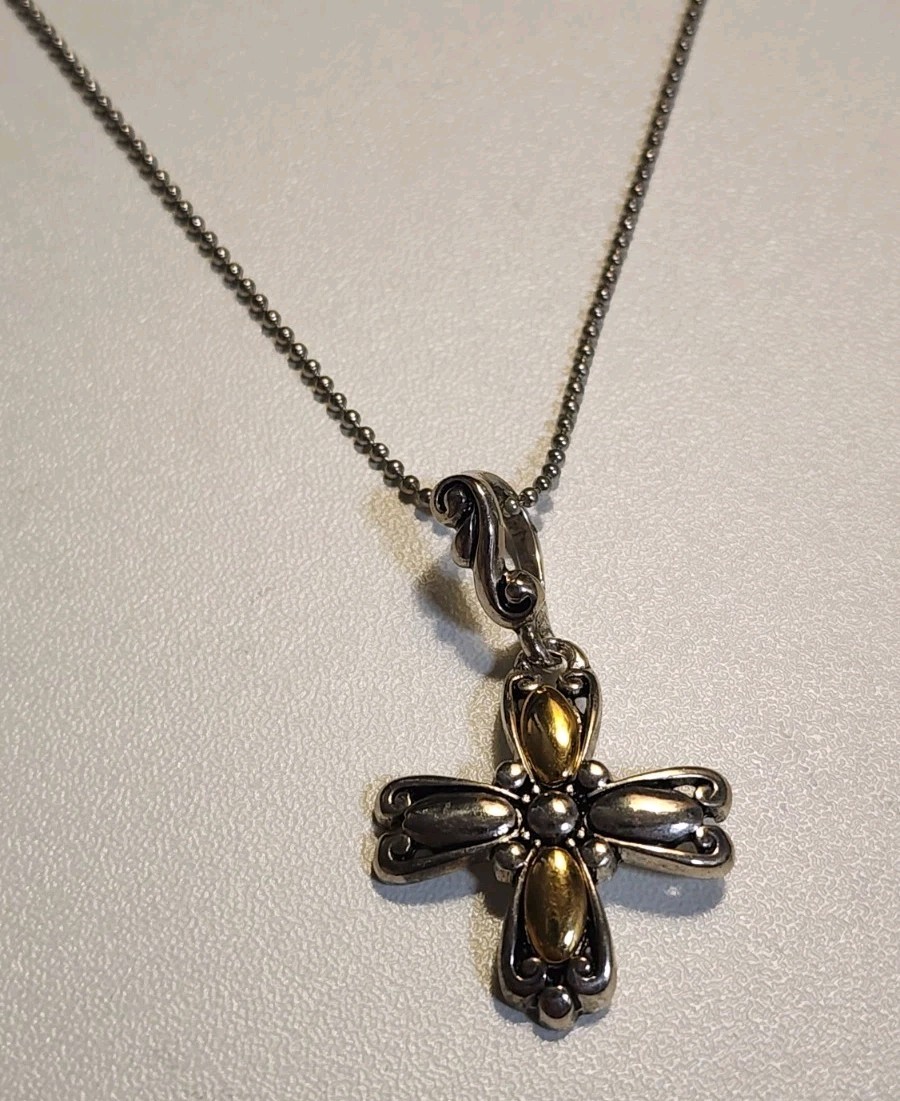 Vintage Premier Designs Necklace Flower Pendant Cross Gold Silver Toned Signed