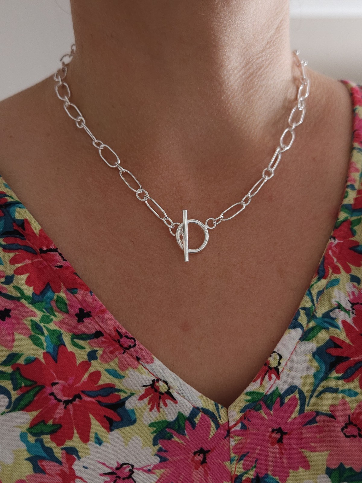 Sterling Silver Oval Paperclip Link Necklace Toggle Clasp 45cm Chain 925