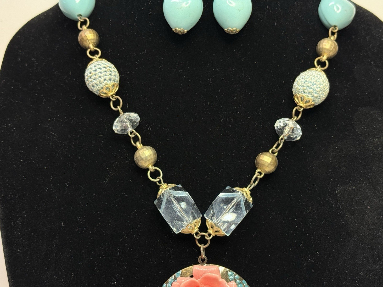 Combined Shipping Peach and Turquoise Colored Beaded Necklace and Earrings #359