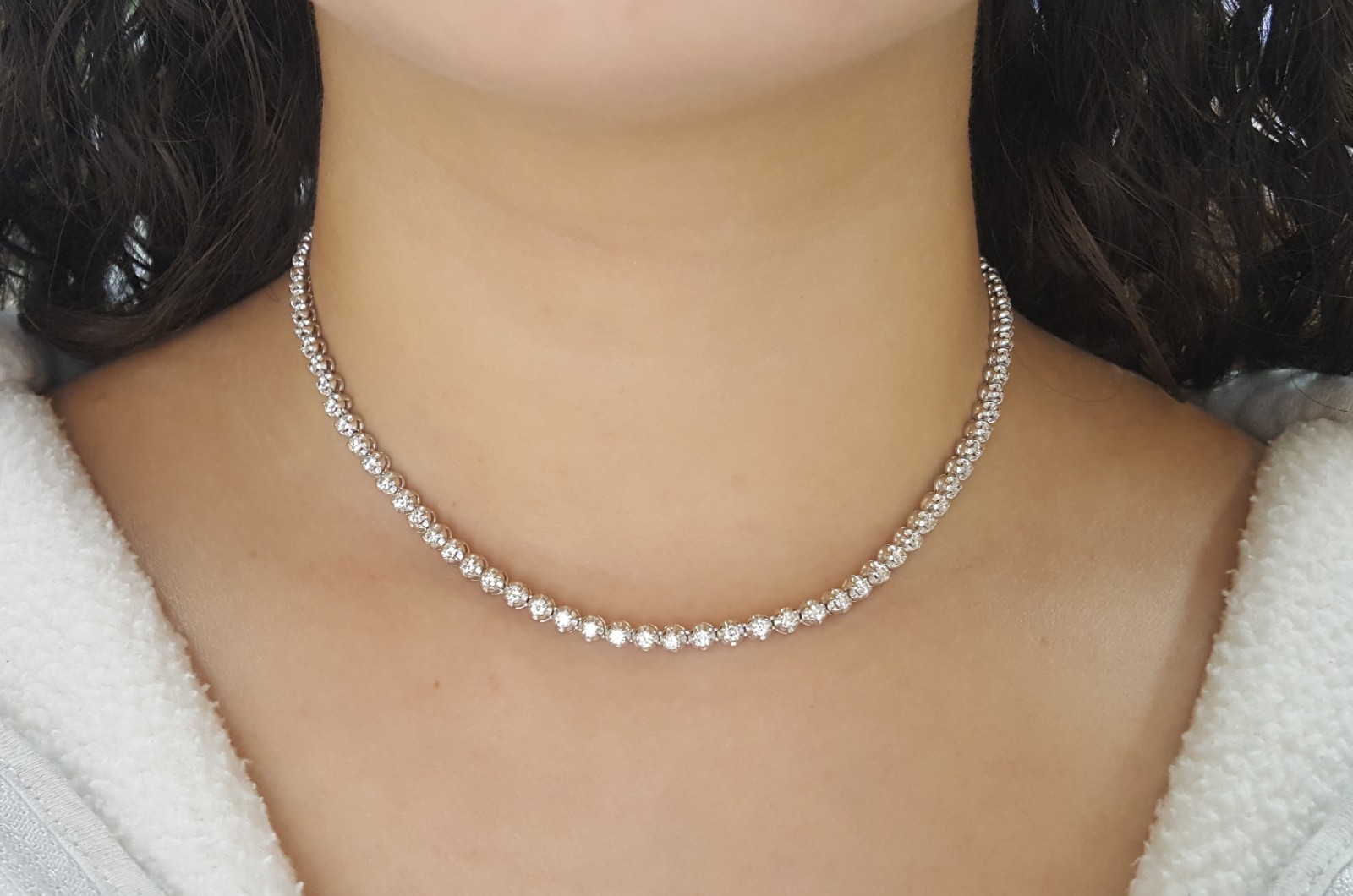 Round Diamond 14K White Gold Straight Line Tennis Necklace 4 ct 15″ Rtl $15K