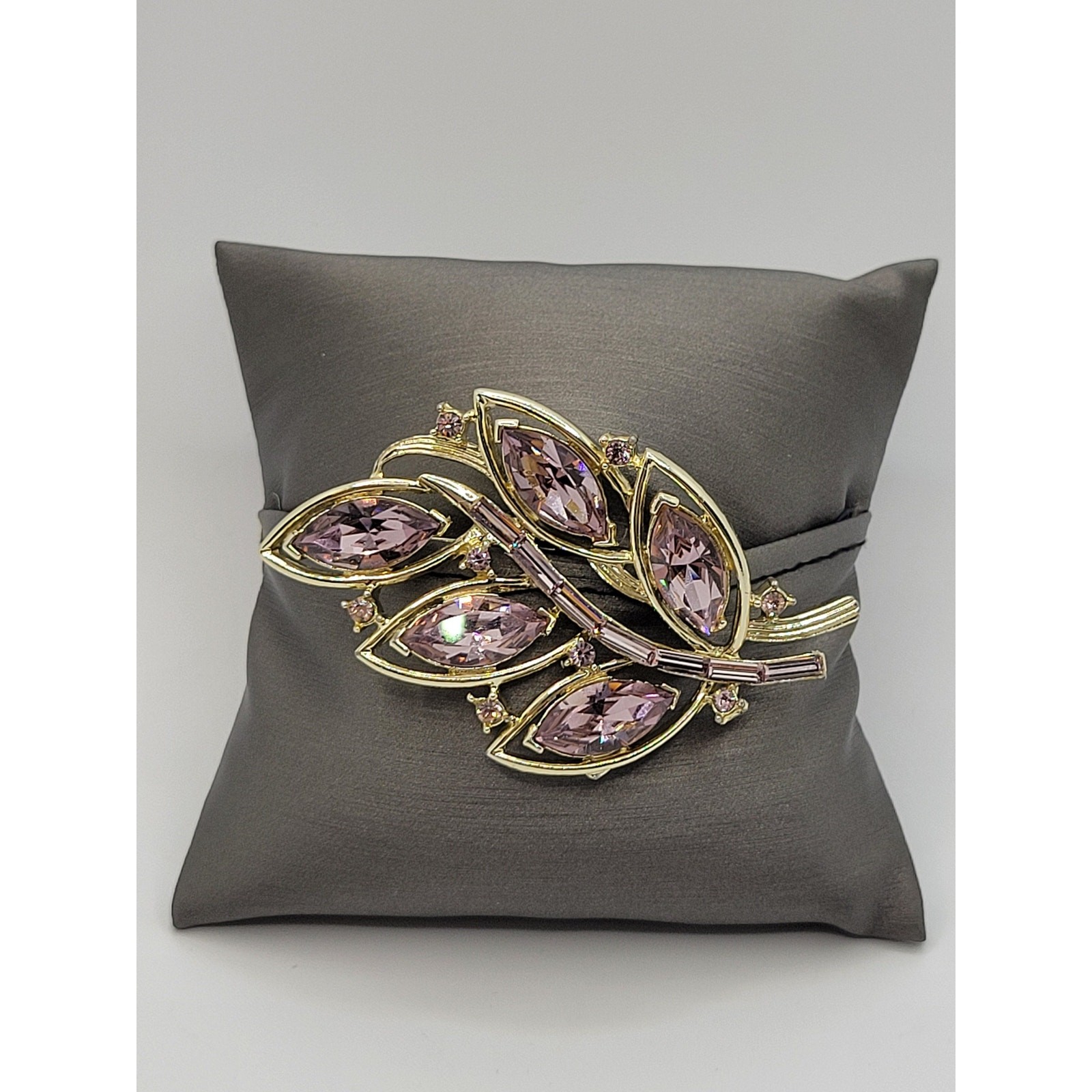 Vintage Kramer Rhinestone Leaf Brooch Amethyst Purple Baguette Marquise Signed