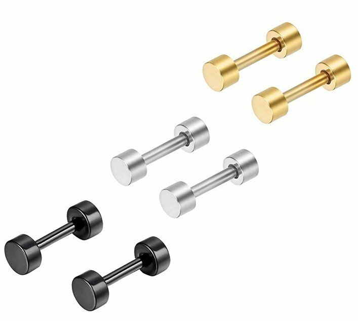 3Pairs Stainless Steel Barbell Dumbbell Screw Earring Studs for Men Women 3-14MM