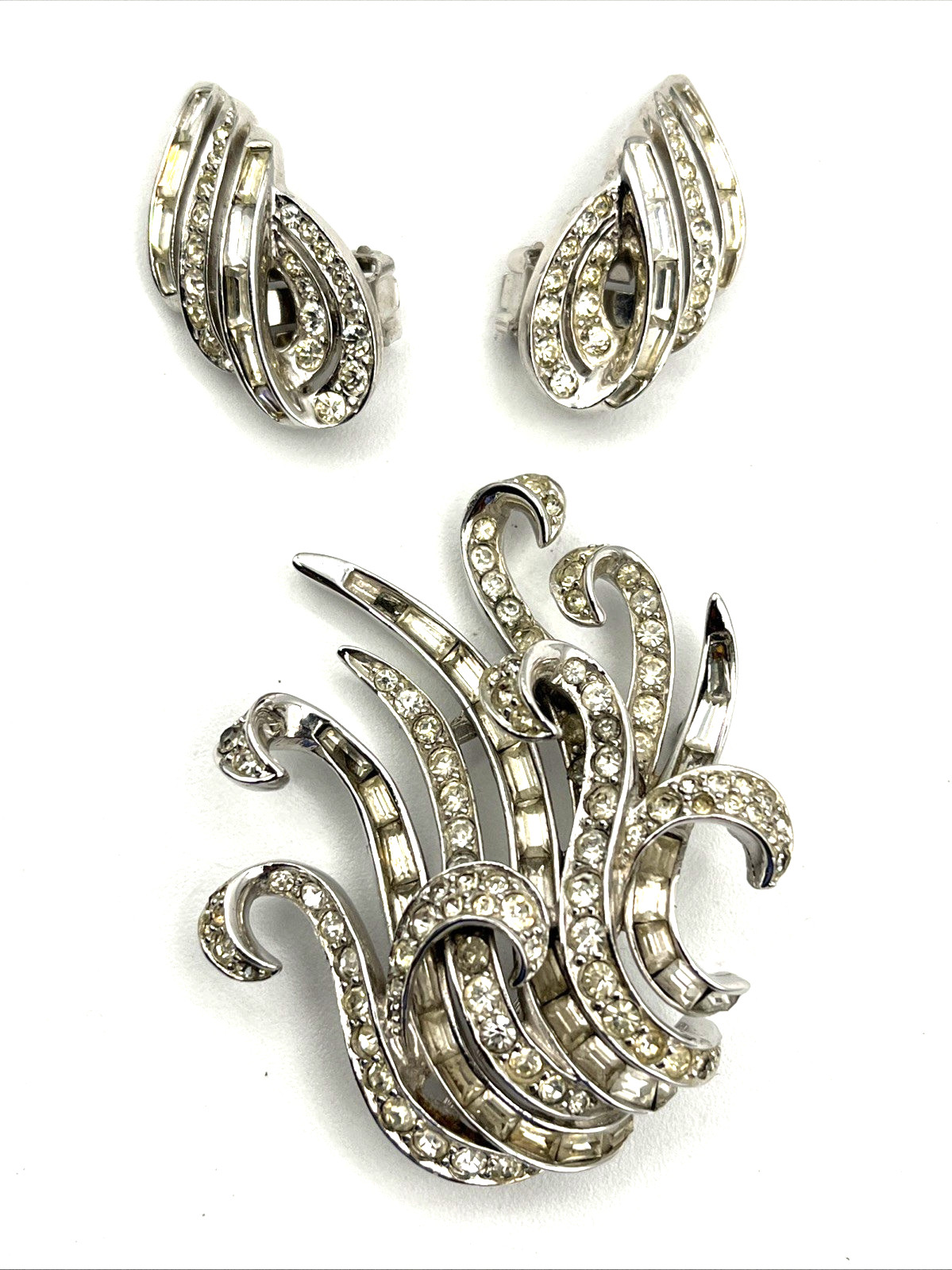 Vintage Marcel Boucher Art Deco Style Baguette Rhinestone Brooch & Clip Earrings