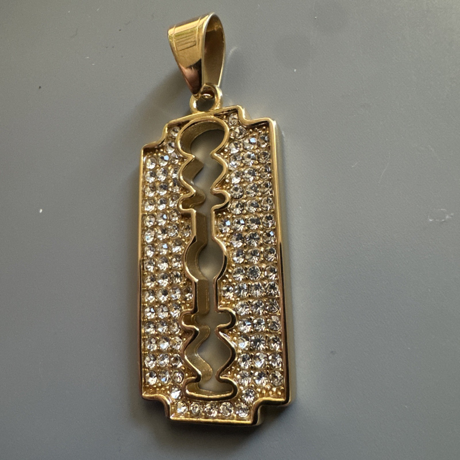Blade Pendant Gold Plated Cubic Zirconia Stainless Steel 24 Inch Chain Razor