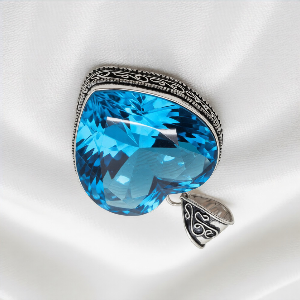 Swiss Blue Topaz Heart Gemstone Handmade 925 Sterling Silver Jewelry Pendant 2″
