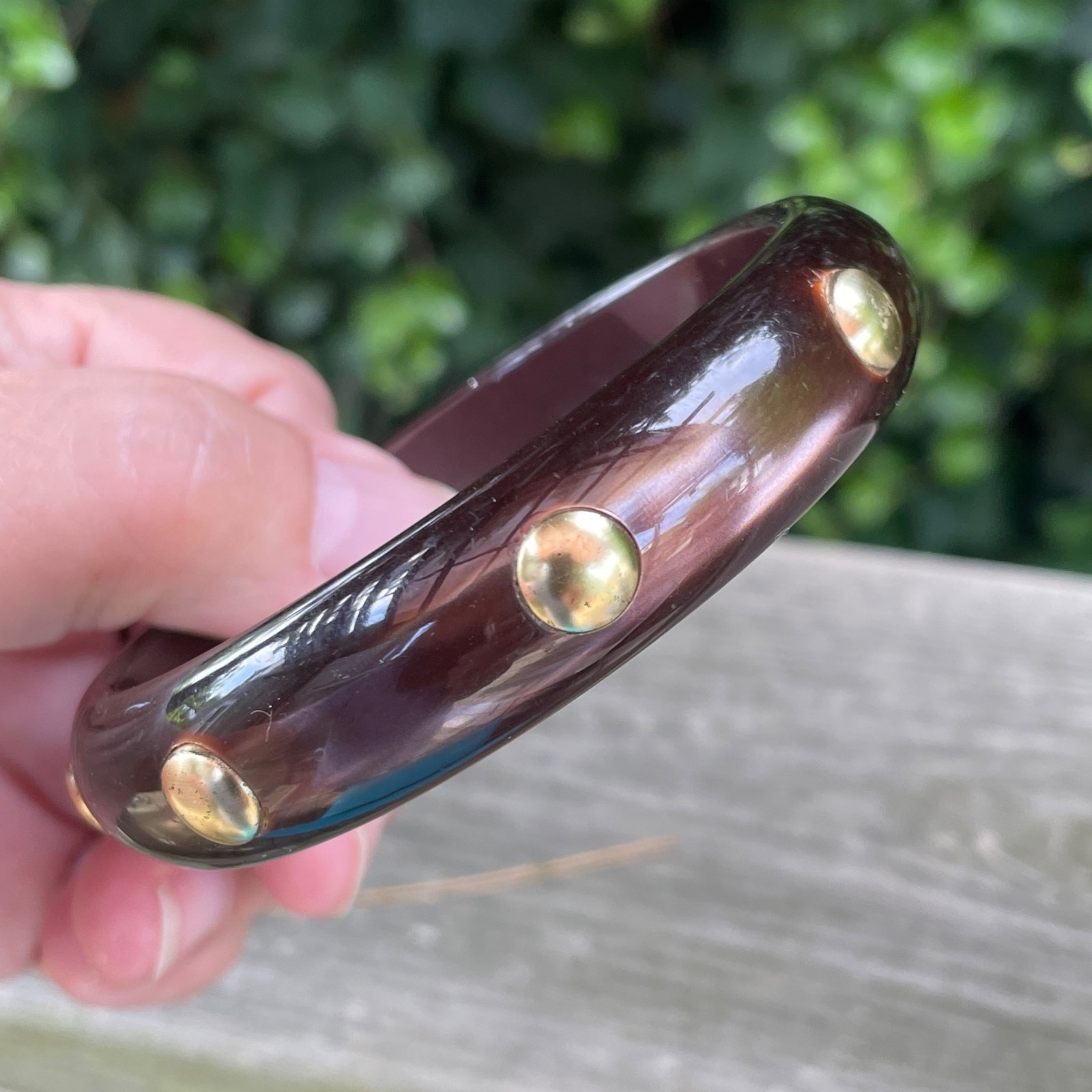 2.6” Luminous Brown Semi Transparent w Brass Studs Bangle Bracelet