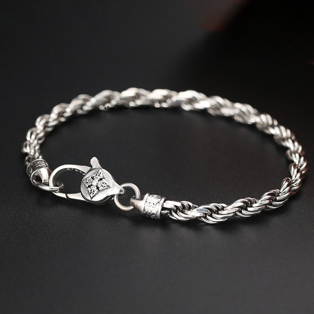 Pure S925 Sterling Silver Chain 4mm Lucky Twist Rope Link Bracelet 6.7-8.3inch