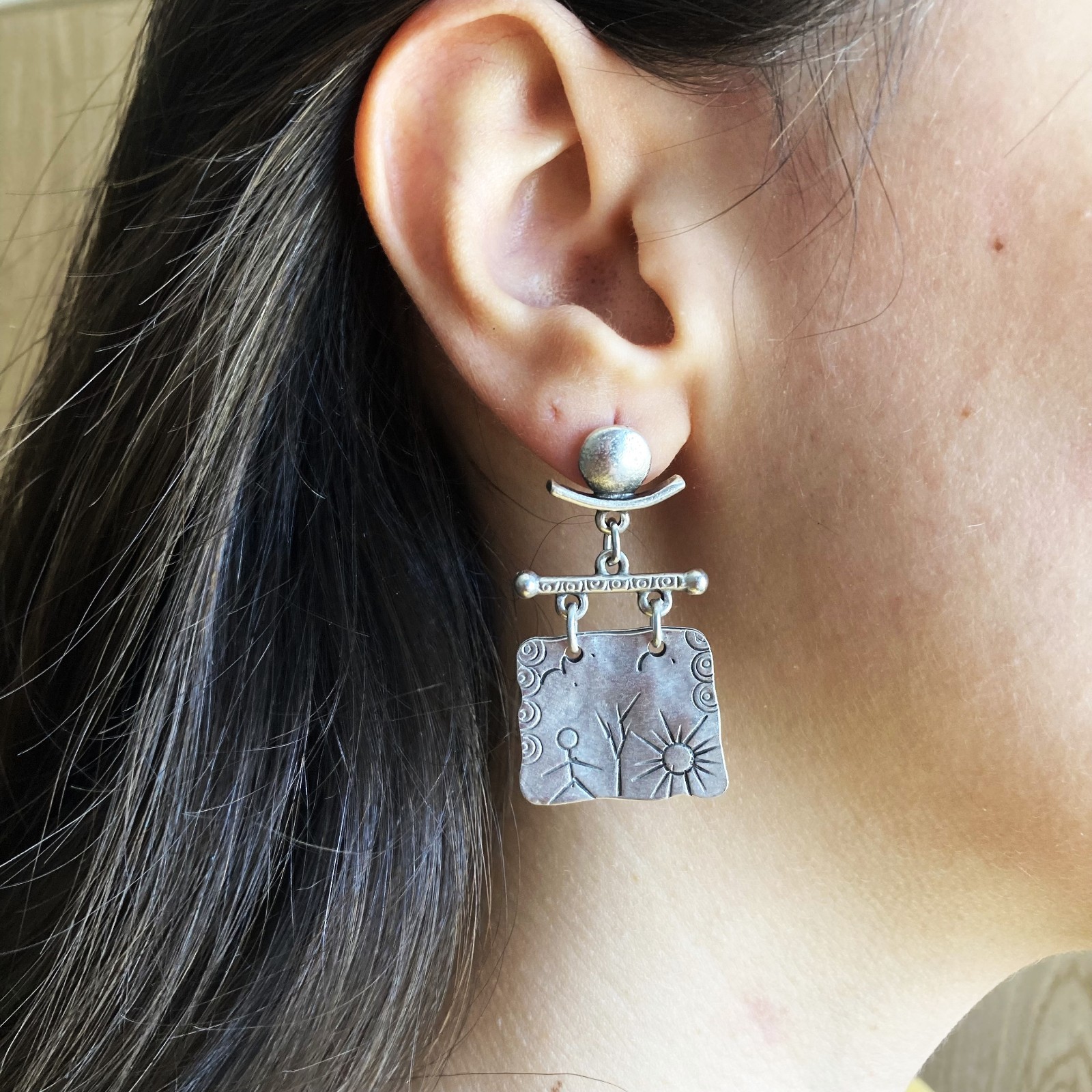 Lightweight Shamanic Silver Petroglyph Boho Dangle Stud Earrings Ancient