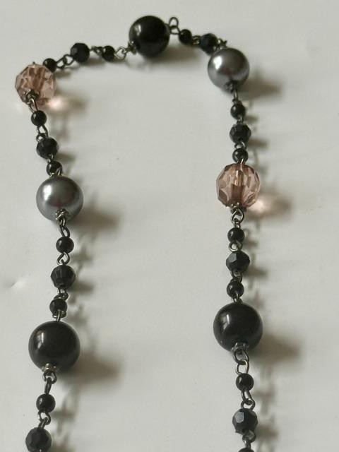 36” Black Gray Blush Pink Beaded Station Necklace No Clasp Opera Length Conditi