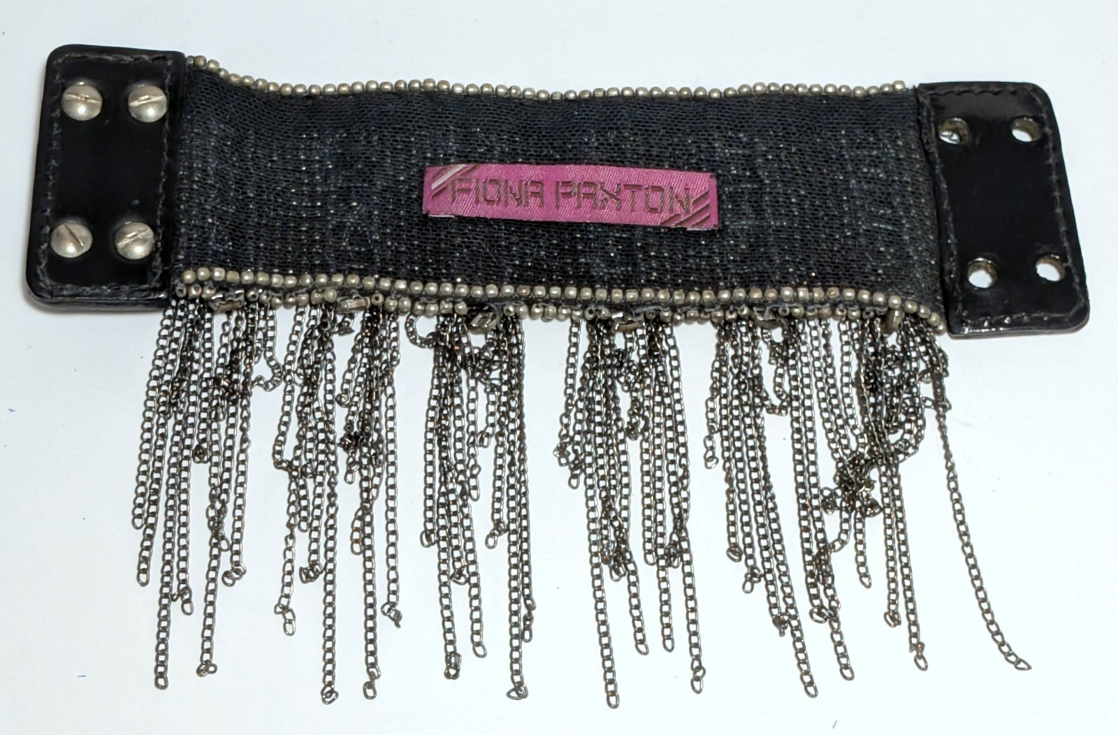 Signed Designer Fiona Paxton Leather & Chains Wide Statement Bracelet