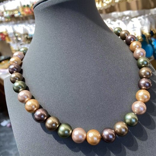 Suberb17″11-14mm South Sea Genuine green purple gold multic Round Pearl Necklace