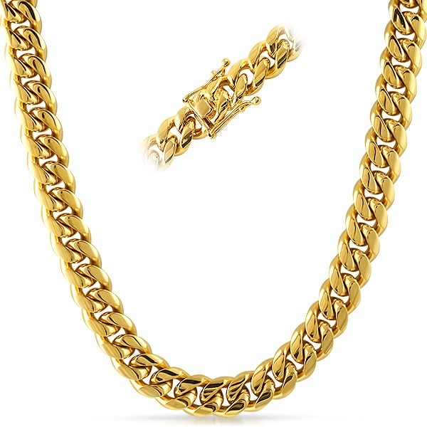 12mm 14K Gold IP Top Quality Mens Miami Cuban Link Chain