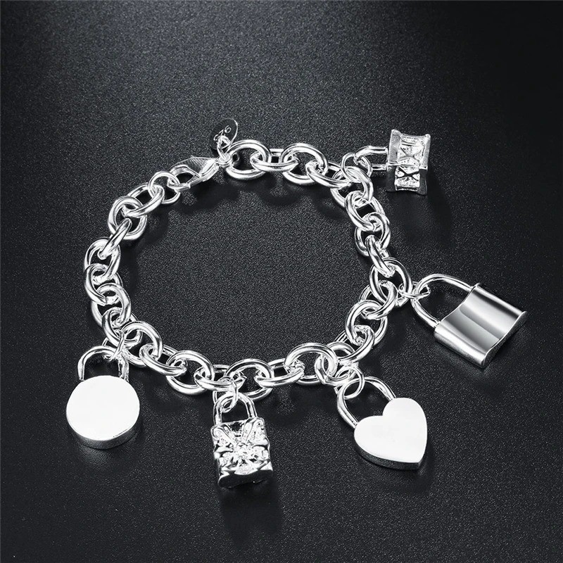 925 Sterling Silver Charm Heart Square Round Lock Necklace Bracelet Set Jewelry