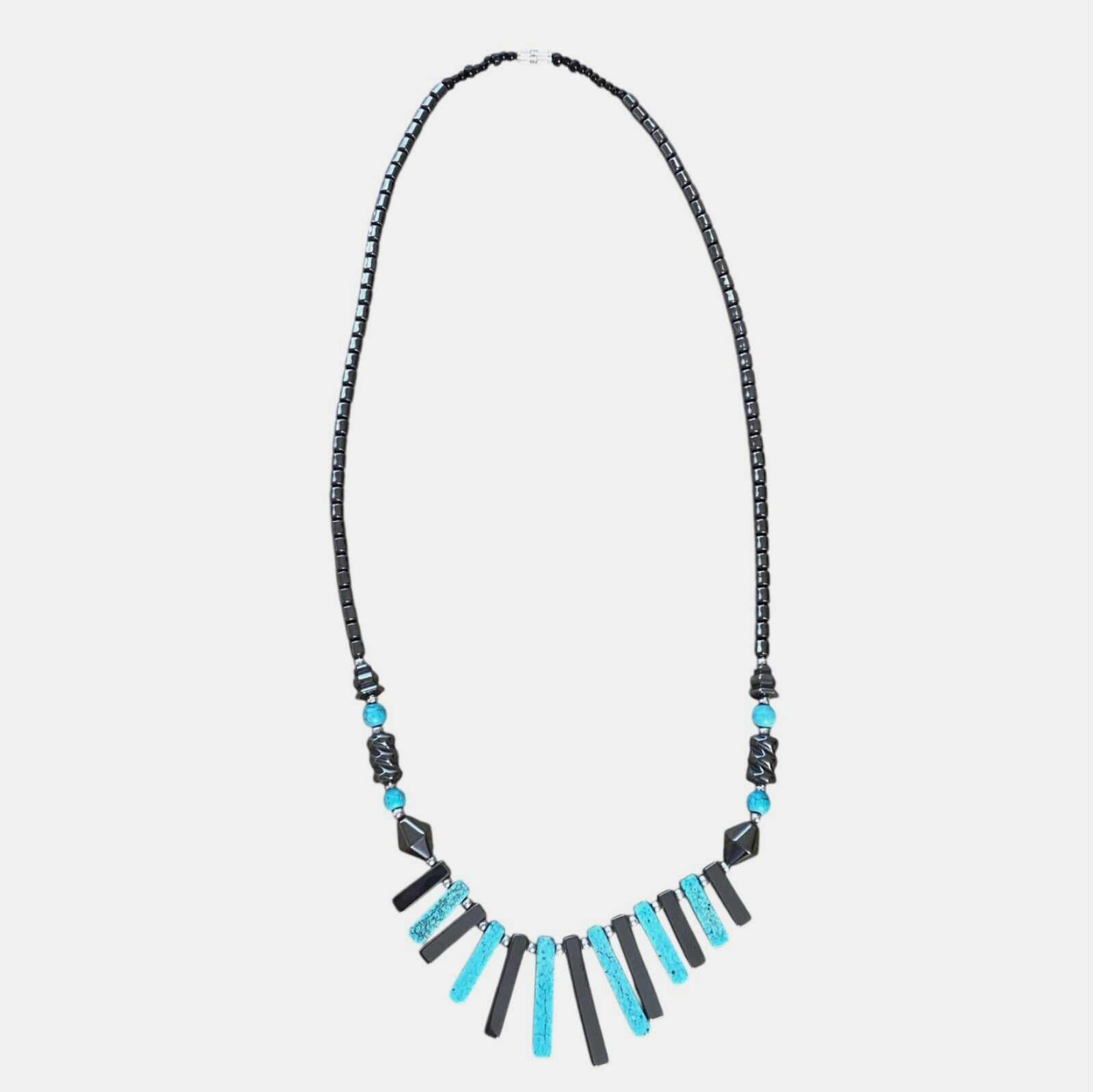 Vintage Turquoise Blue Dyed Gemstone Bib Necklace Carved Polished Shiny Fringe