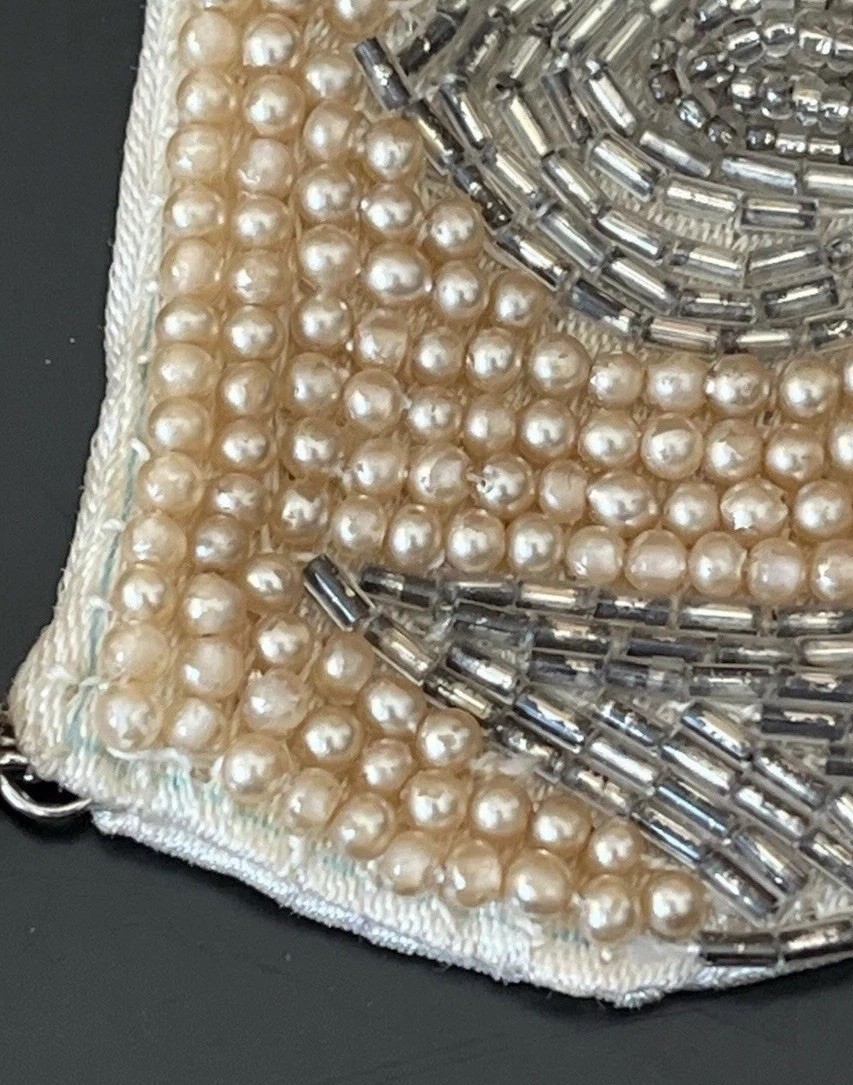 VTG Beaded Bib Collar Necklace Faux Pearl Choker Silver Beads Satin Back