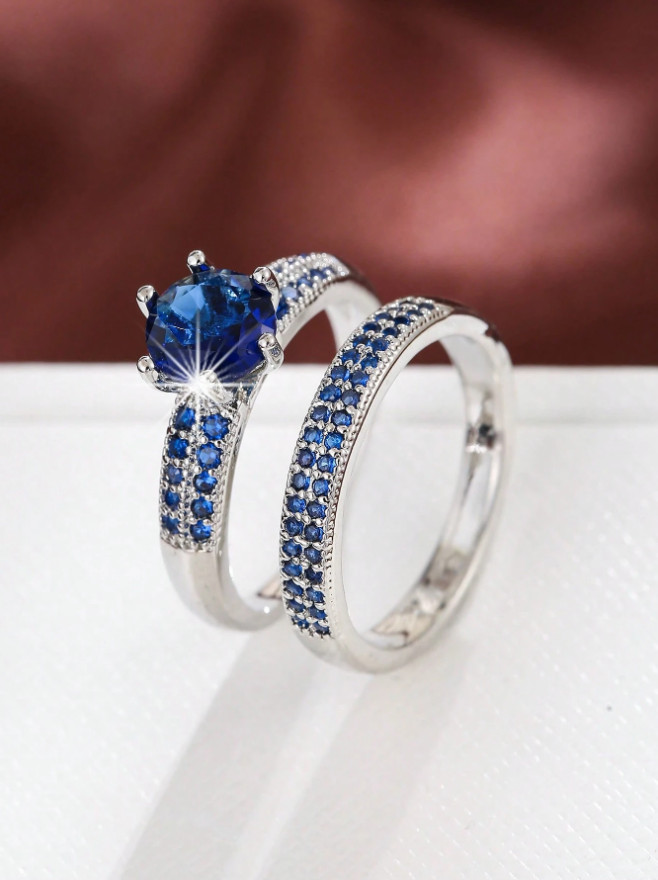 2 PCS CZ Ring Set Women Engagement Wedding Band Cubic Zirconia Jewelry Gift USA
