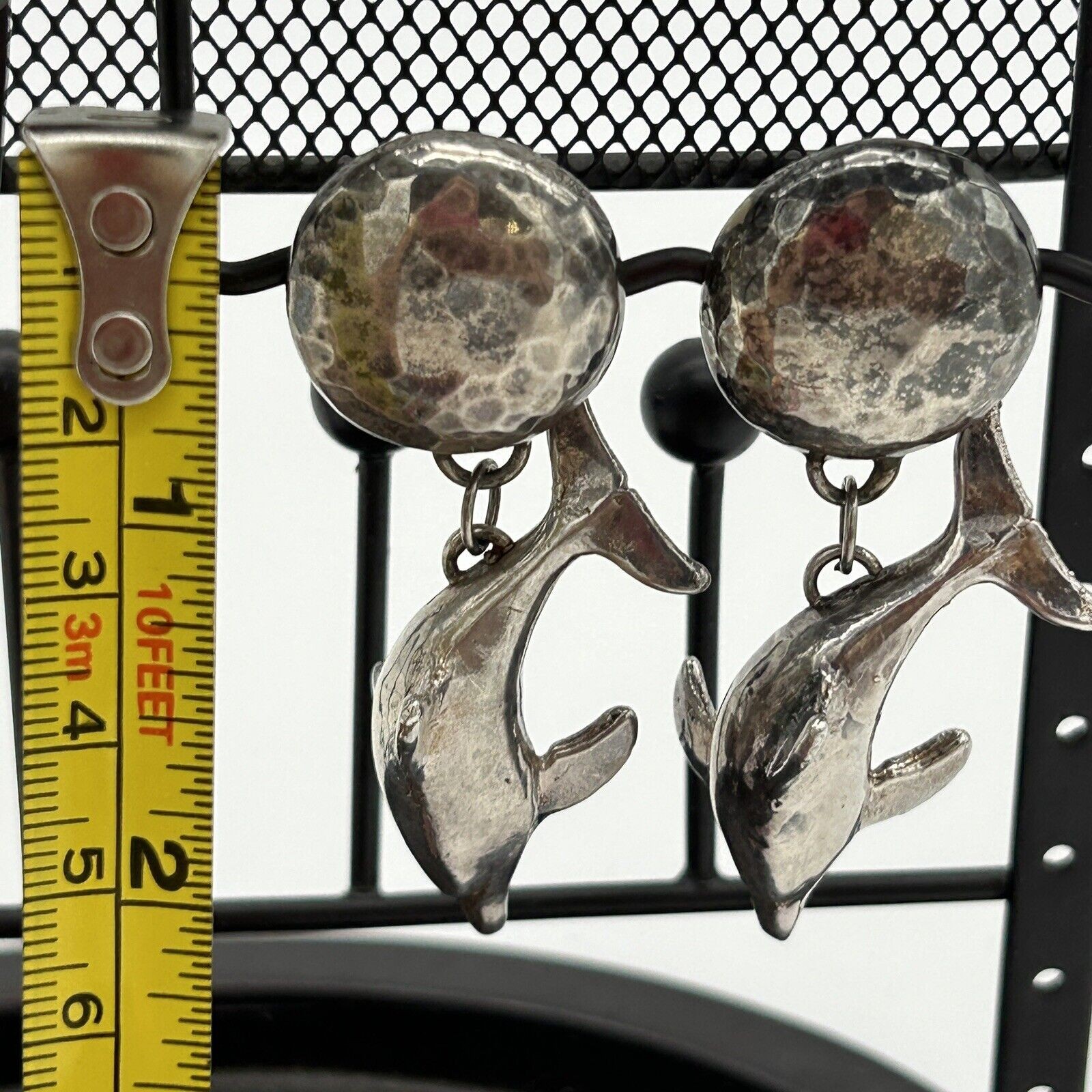 Vintage Signed Susan Cummings Sterling Silver Dolphin Dangle Clip On Earrings