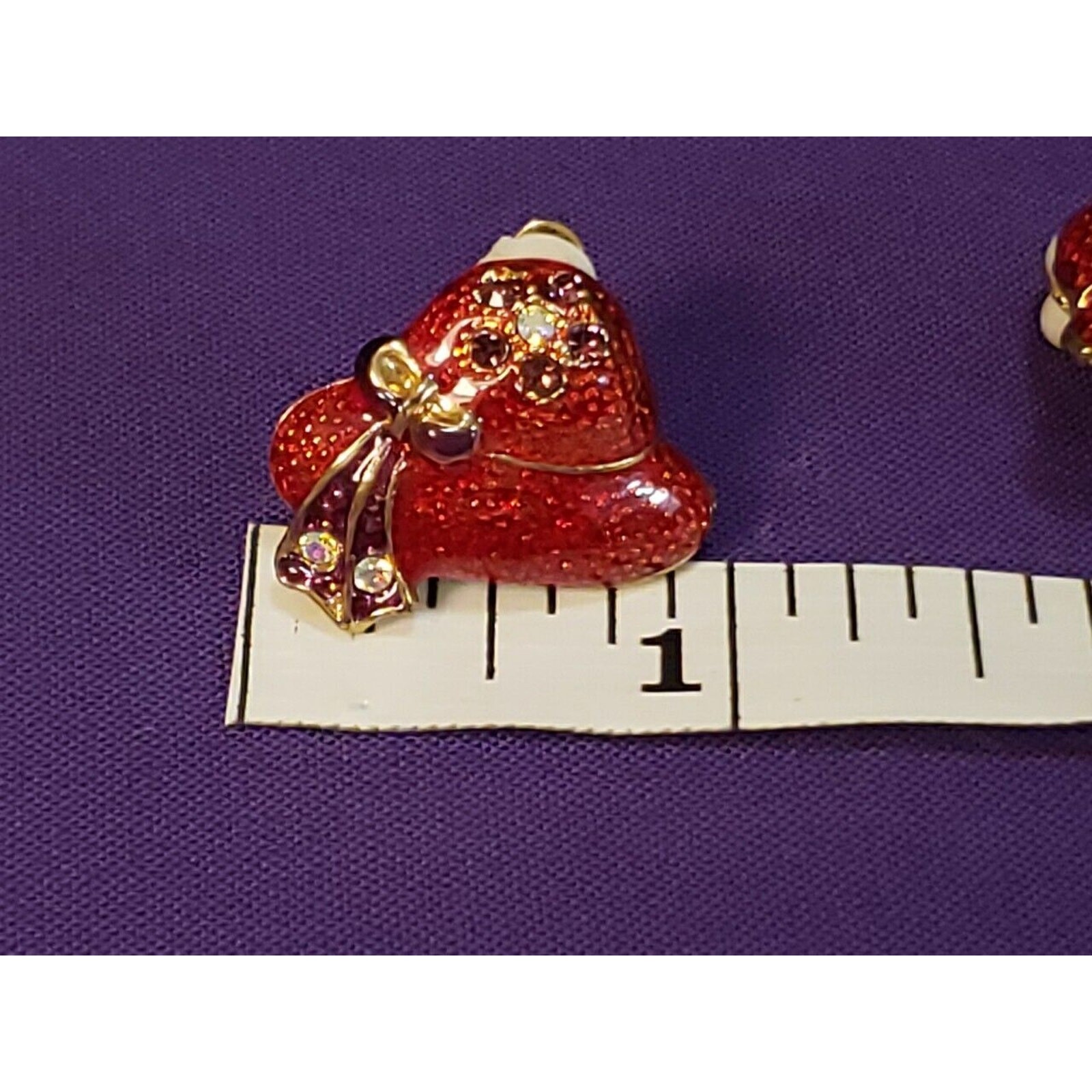 Red Hat Clip On Earrings, Red & Purple Enamel Aurora Borealis Crystals Gold Tone