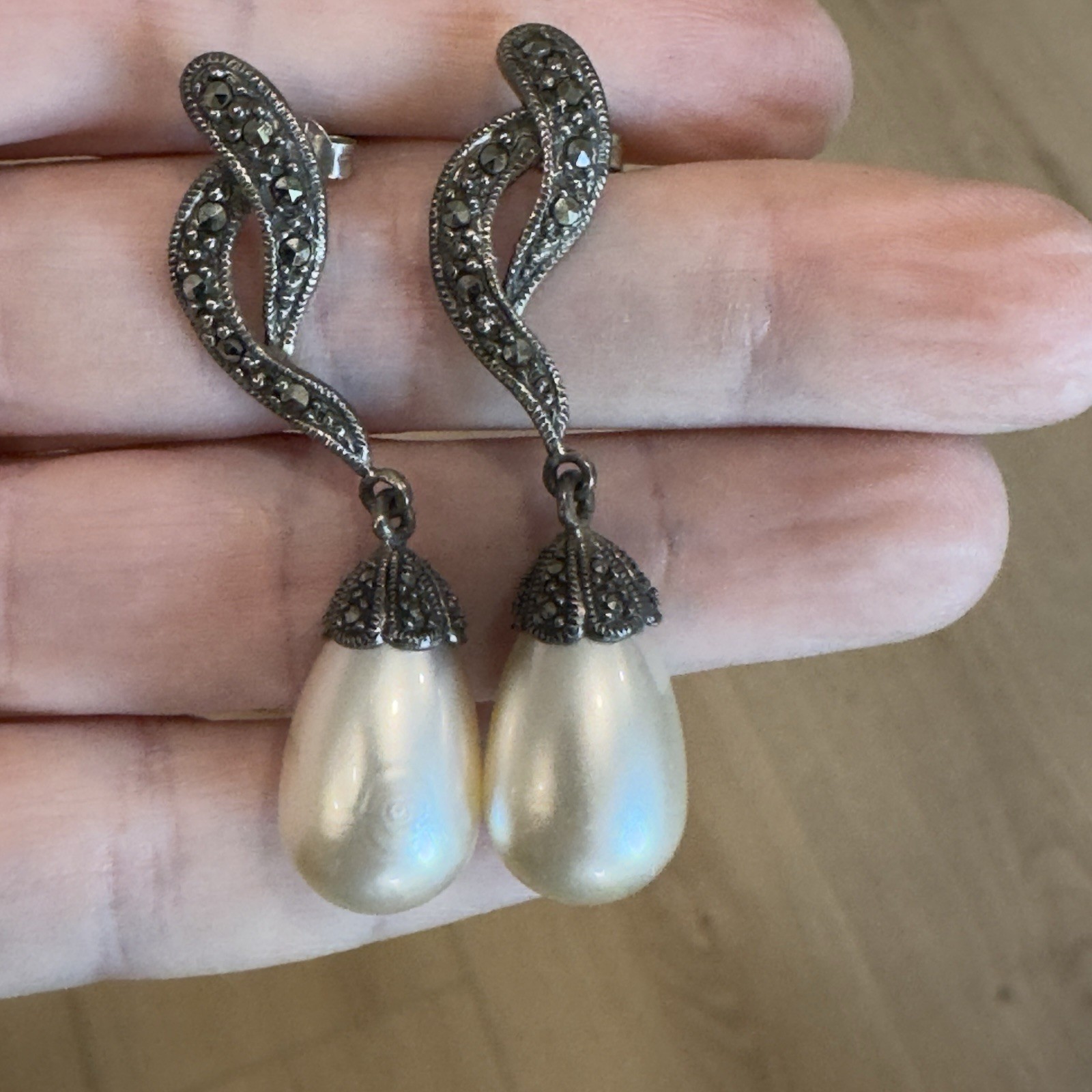 Vintage Art Deco HAN 925 Sterling Silver Marcasite Pearl Drop Dangle Earrings