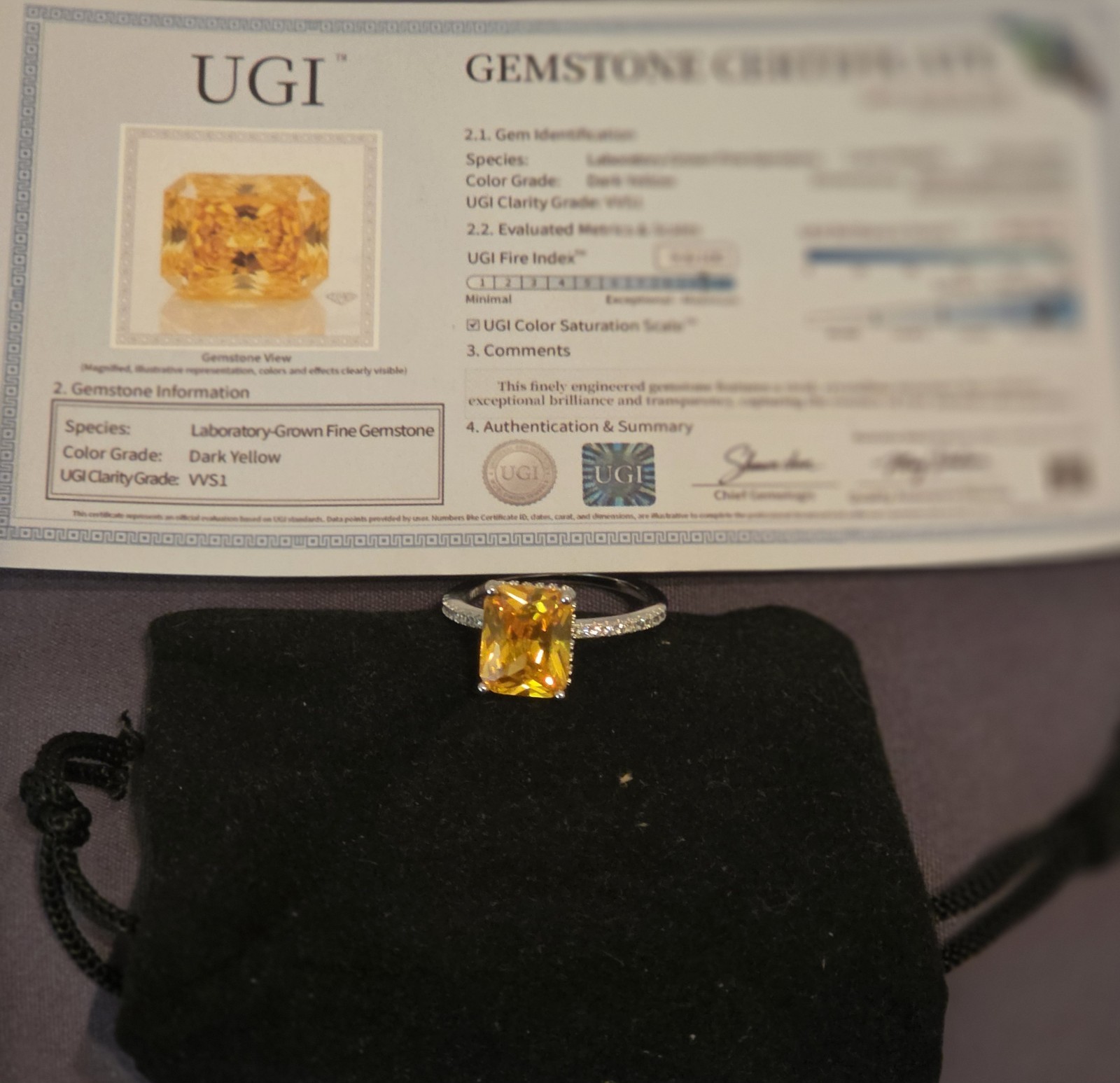 UGI Certified 4.00ctw Lab-Grown Radiant Yellow Gemstone 925 Sterling Silver Sz 7