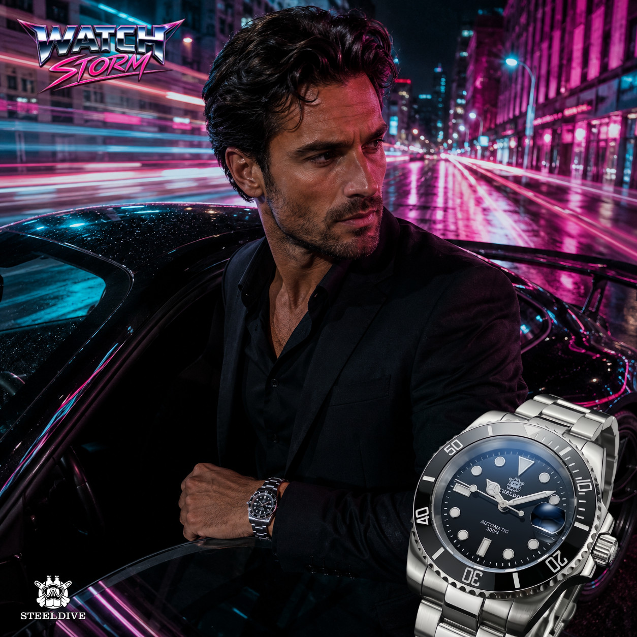 Steeldive SD1953 Black Sub 300M Automatic Dive Watch Sapphire NH35 24 Jewels