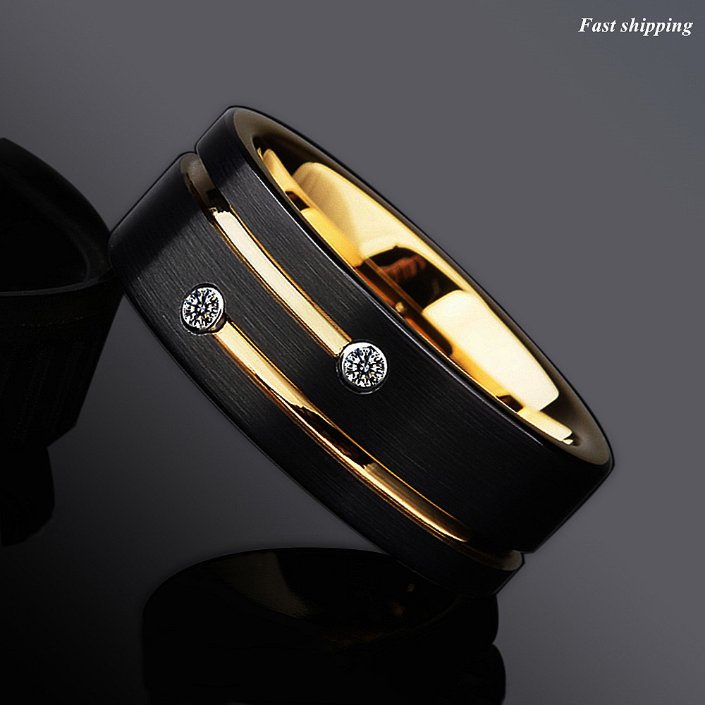 8mm Black Plated Metal Tungsten Ring Gold Grooved Line ATOP Men Wedding Band