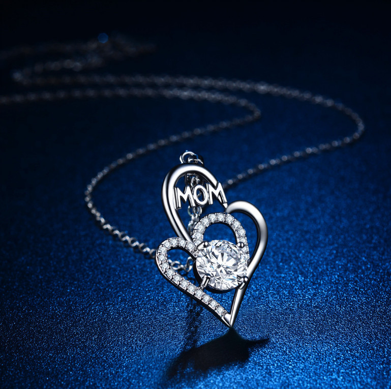 Women Silver Love Heart MOM Cubic Zirconia Pendant Necklace 18″ Gift PE42
