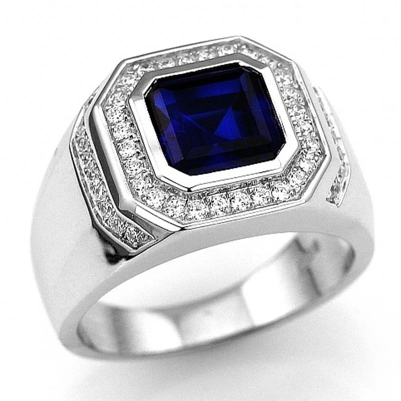 Blue Crystal Ring Silver Color Geometric Tension Mount Wedding Men Jewelry