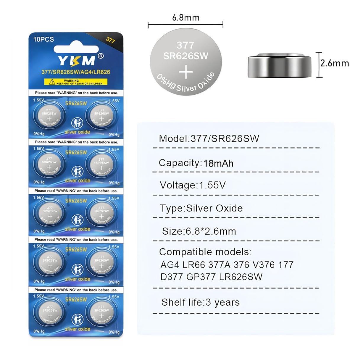 YKM 10 Pack 377 SR626SW Watch Battery LR626 377/376 V377 377a AG4 6.8*2.6mm