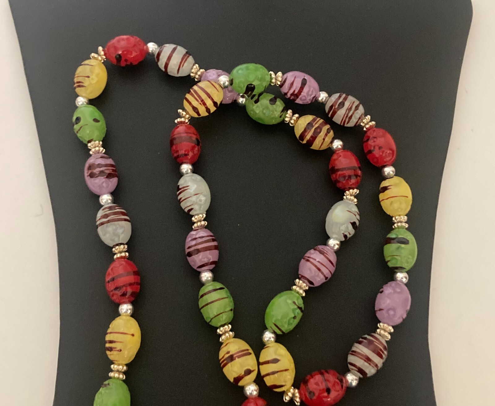 Vintage Lucite Candy Bead Necklace Multi Color Striped Silver Tone 36″ Boho
