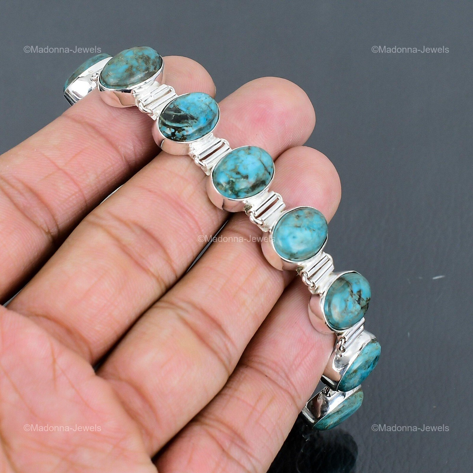 Valentines Deal Oval Tibetan Turquoise Gemstone Chain Bracelet Sterling Silver