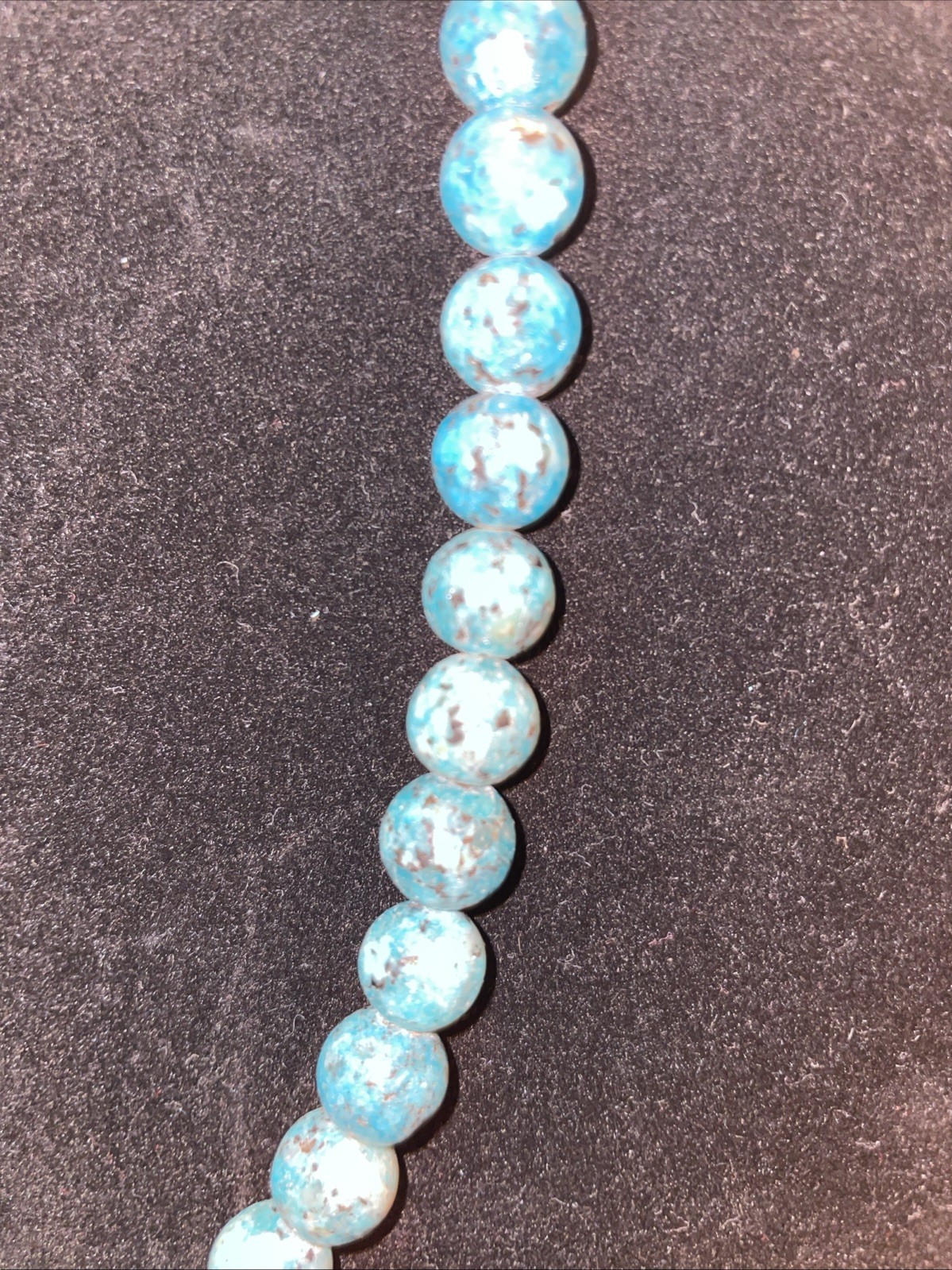 Blue Turquoise Beaded Necklace Round Stones Sky Blue & Black 18”, 925 Clasp