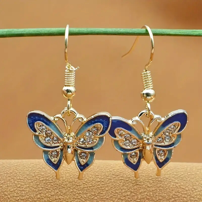 Exquisite Blue Enamel Butterfly Design Shiny Zircon Decor Dangle Earrings