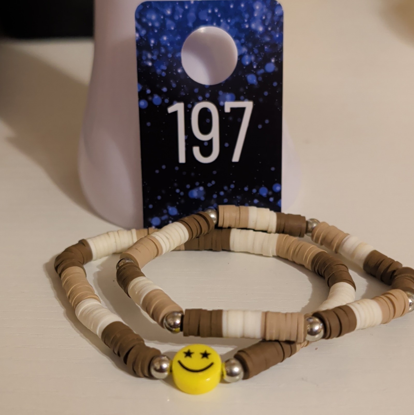 Stackable Beaded Stretch Bracelet Set Beige Brown White w/ Yellow Smiley Charm