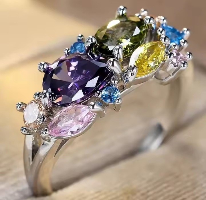 Multi Color Gemstone Cluster Ring Silver Statement Cocktail Women Jewelry Size 7