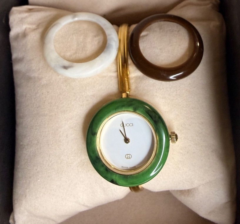 Gucci 1100L Gold Bangle Watch – Swiss Made, Working, 3 Interchangeable Bezels