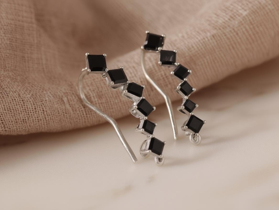 Rhodium Plated Brass Earrings: Long Silver-Colored Stone Cluster
