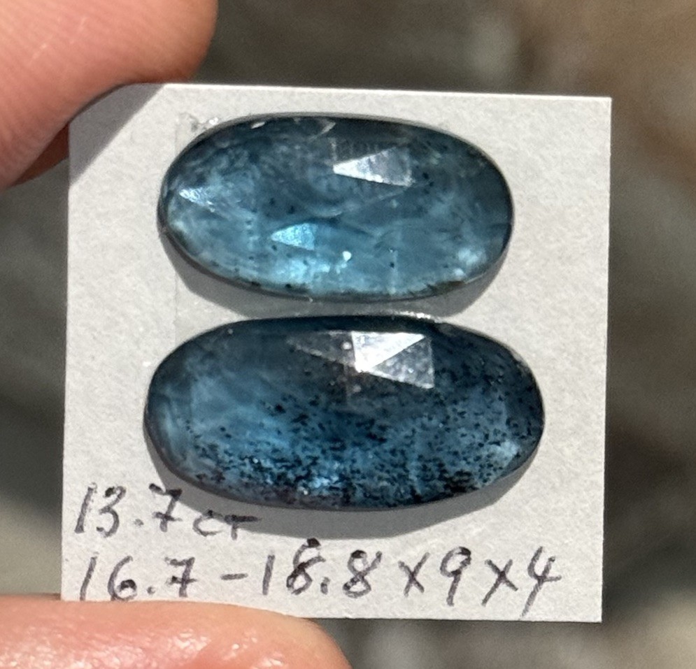 13.7ct 16.7-18.8x9x4mm Pair Teal Blue Faceted Moss Kyanite Oval Cabochon Gems