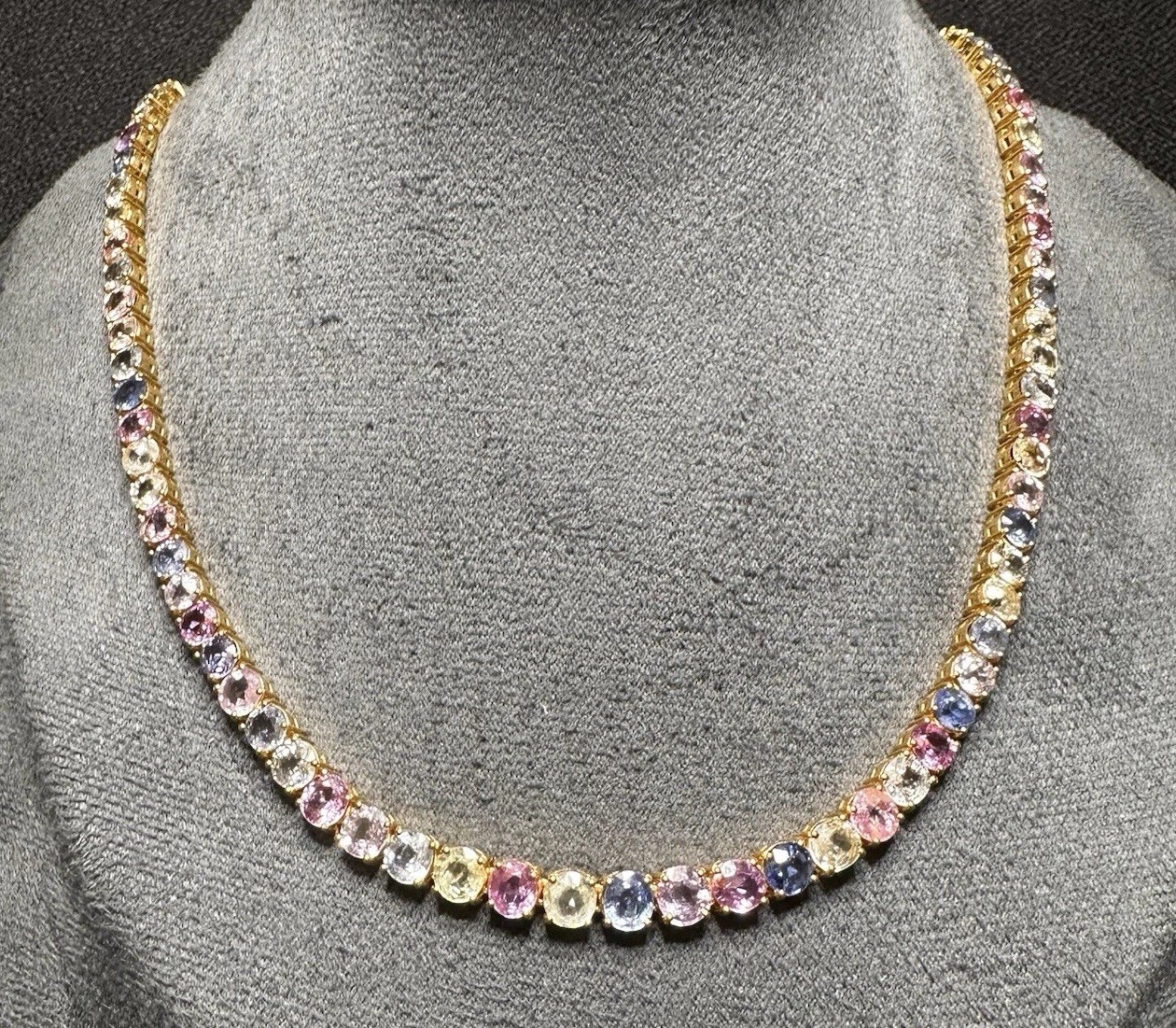 Certified Natural Burma Mogok Multicolor Sapphire 19K Yellow Gold TennisNeckalce