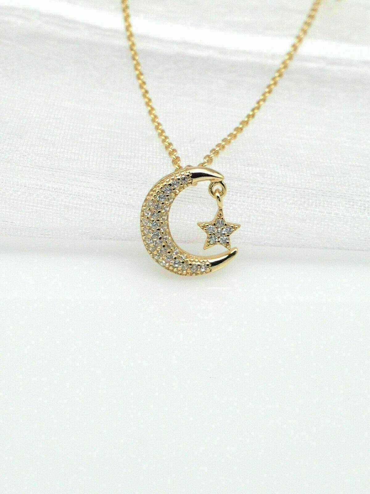 2Ct Round Simulated Diamond Moon and Star Shape Pendant 14K Yellow Gold Plated