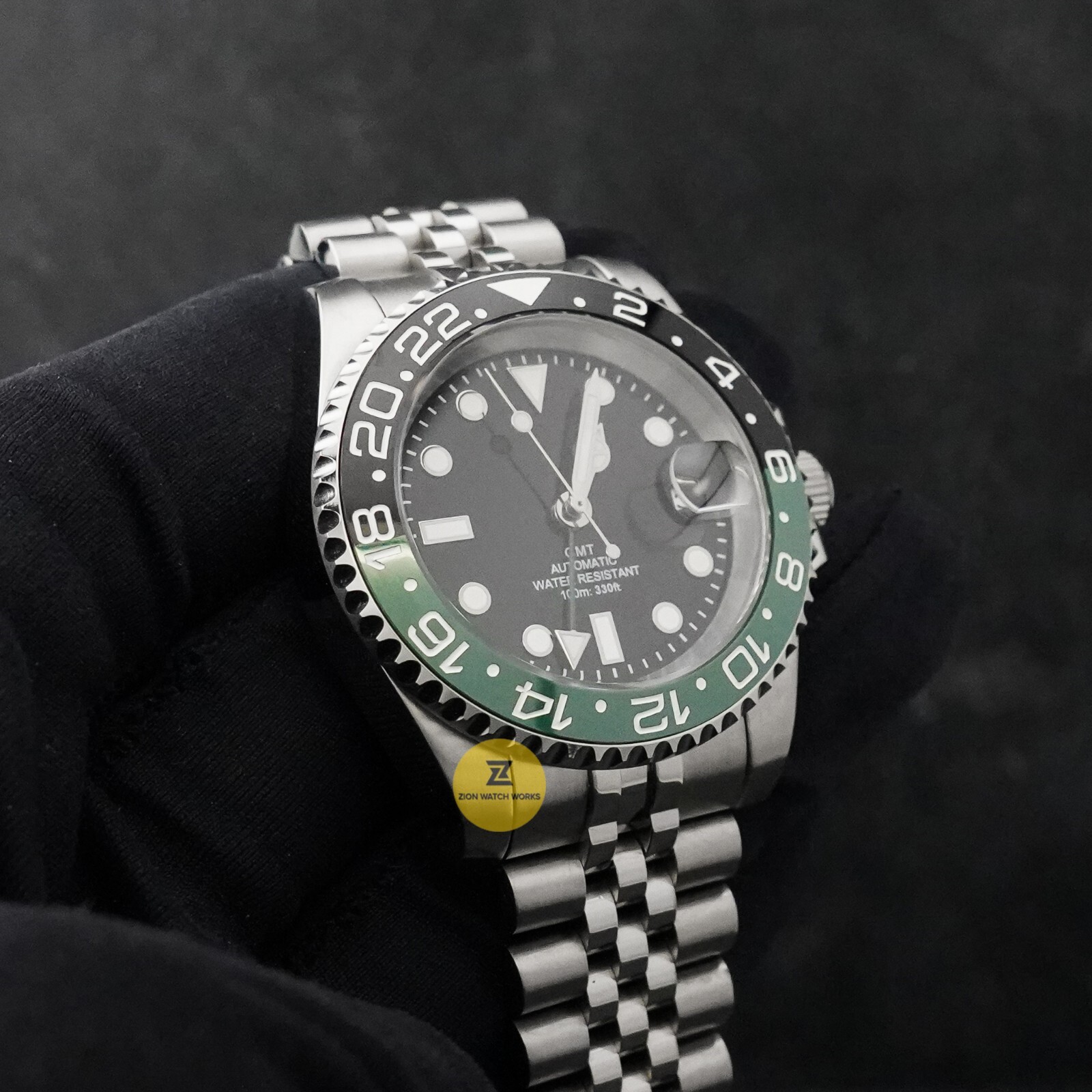 Custom Made 40mm Green Black GMT Sub Diver Mod Watch w/ NH34 Movement