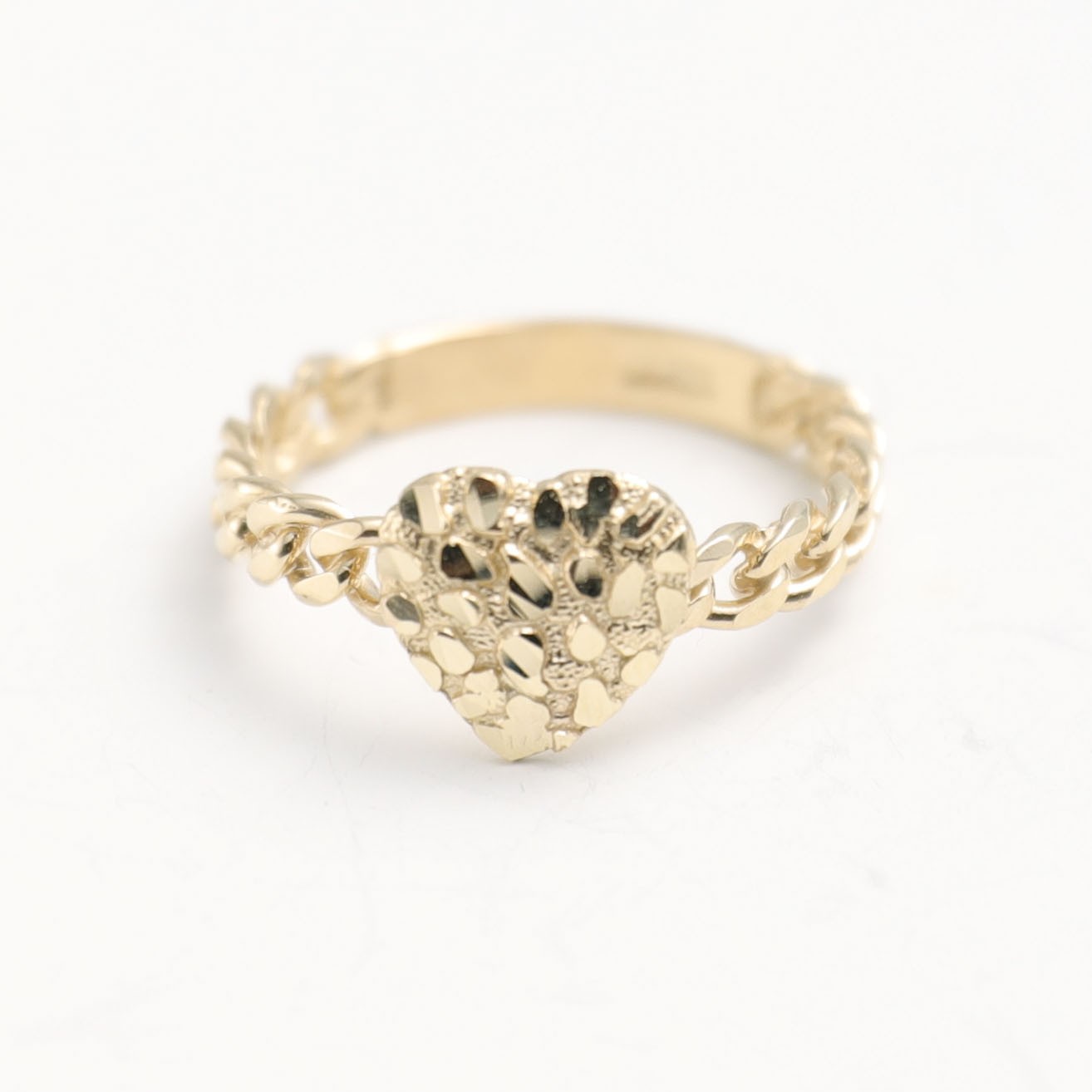 Solid 10K Gold Nugget Heart Ring with Curb Link Band Yellow Gold All Sizes