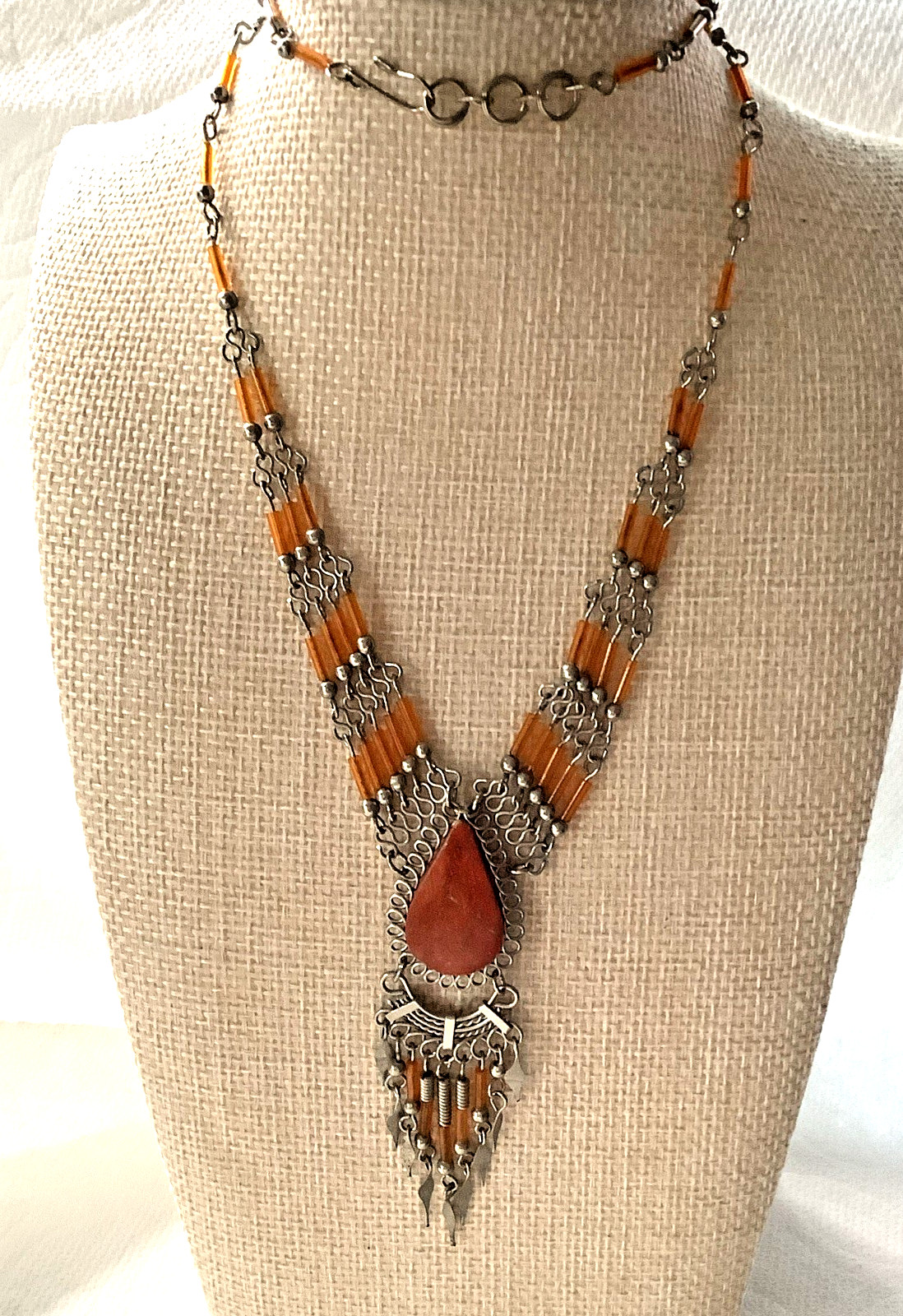 Vintage Tribal Boho Faux Gemstone Necklace Silver Tone Pendant Fringe 21.5″